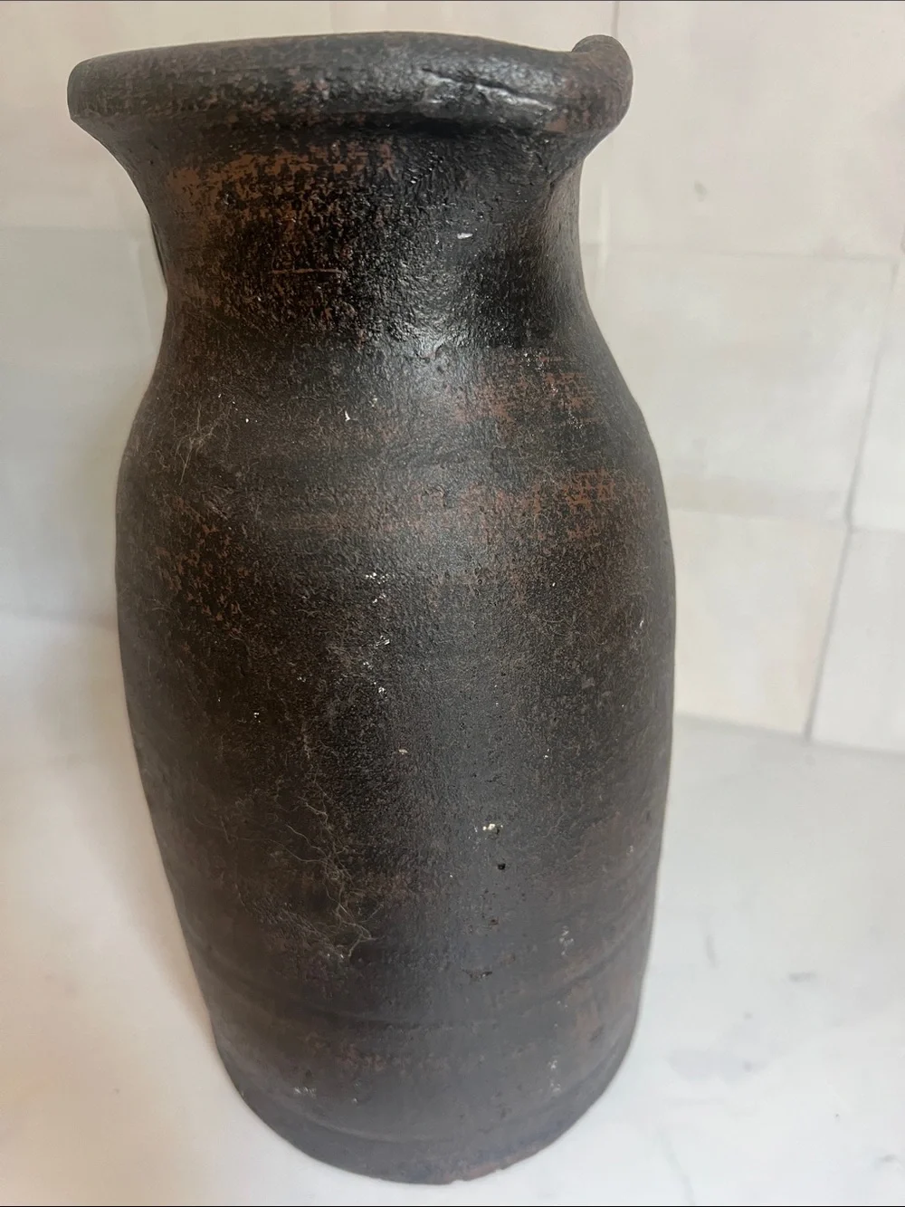 Primitive Chocolate Brown Amber Interiors Style Pottery Vintage Vase Pitcher